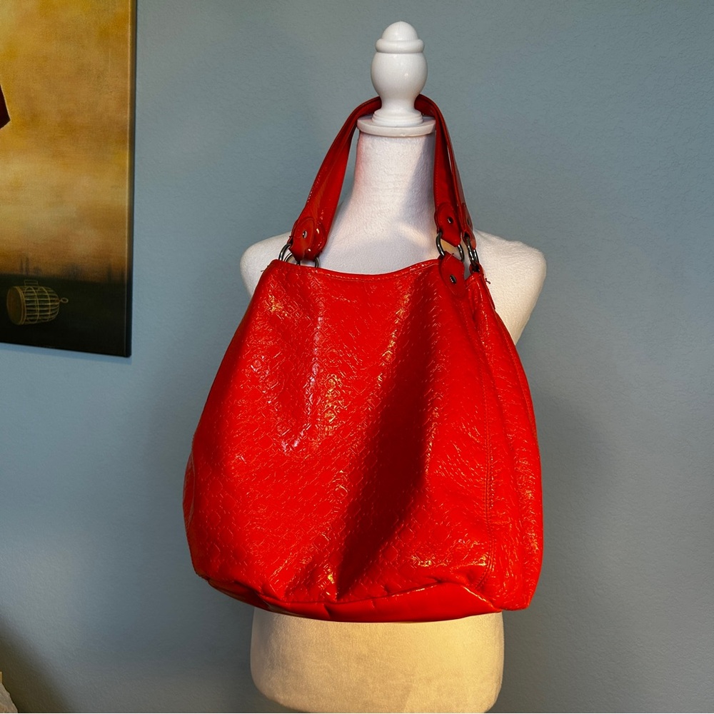 TOMMY HILFIGER Vivid Orange Patent Vegan Leather Embossed Hobo Shoulder Bag